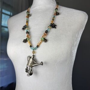 Vintage Beaded Flowers, Ladybugs + Watering Can Charm Necklace